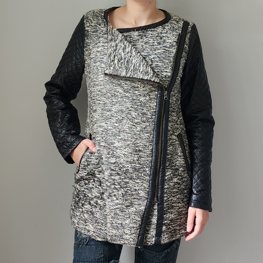 Cartonnier Black Faux Leather Tweed Mix Textured Jacket S Anthro